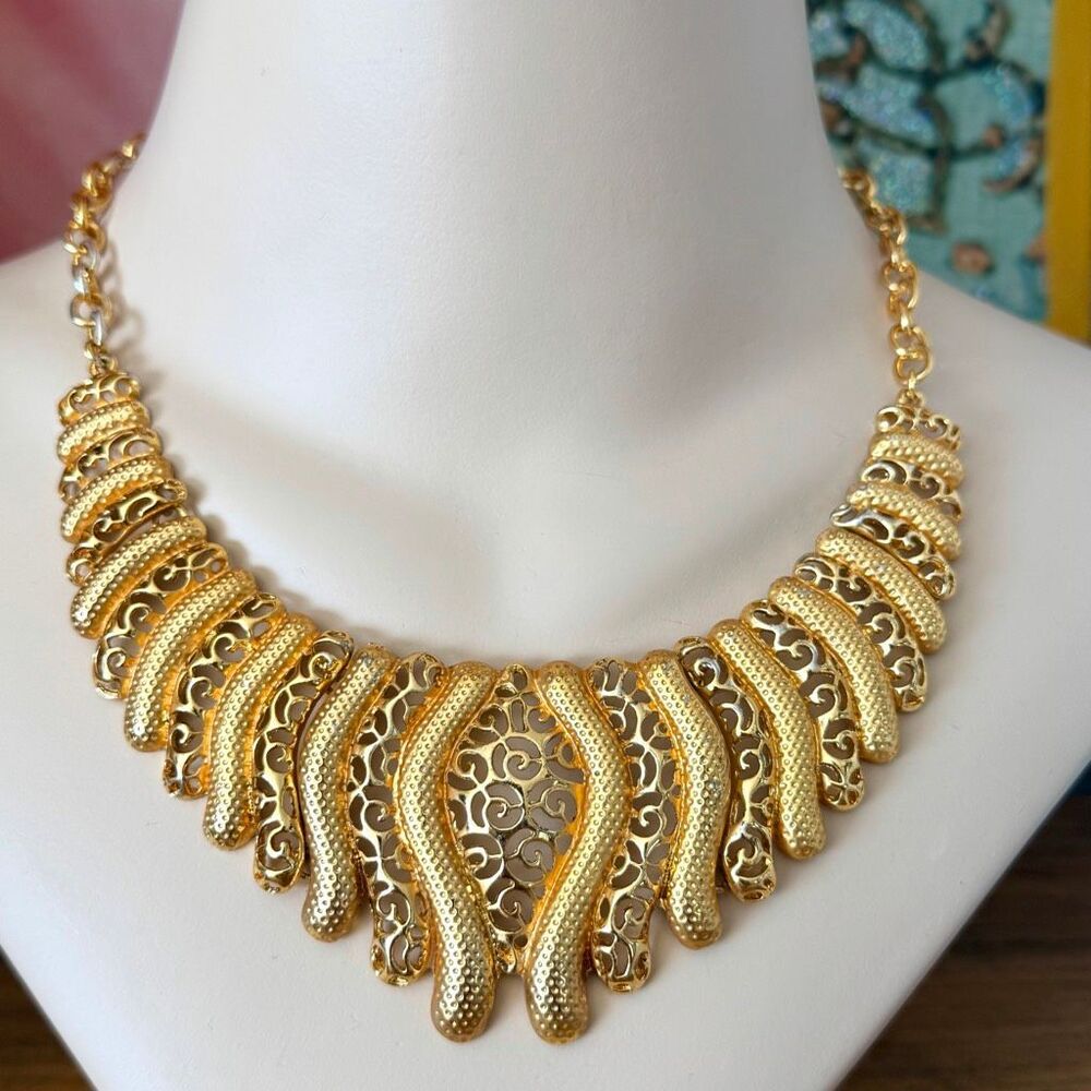 Gold Tone Filigree Statement Bib Necklace Textured Fringe Collar